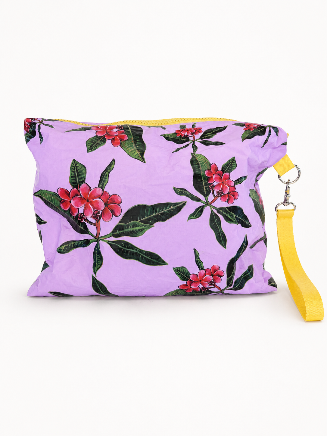 Pink-lavender plumeria print pouch back studio view