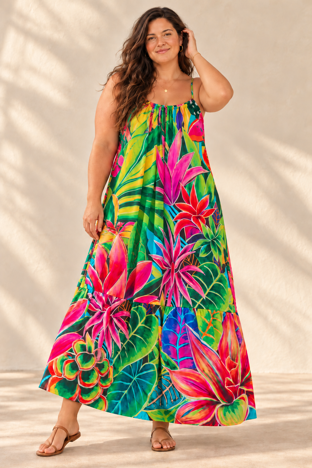 AI-generated brunette model preview wearing Aloha Boho Dress - Hanalei Morning