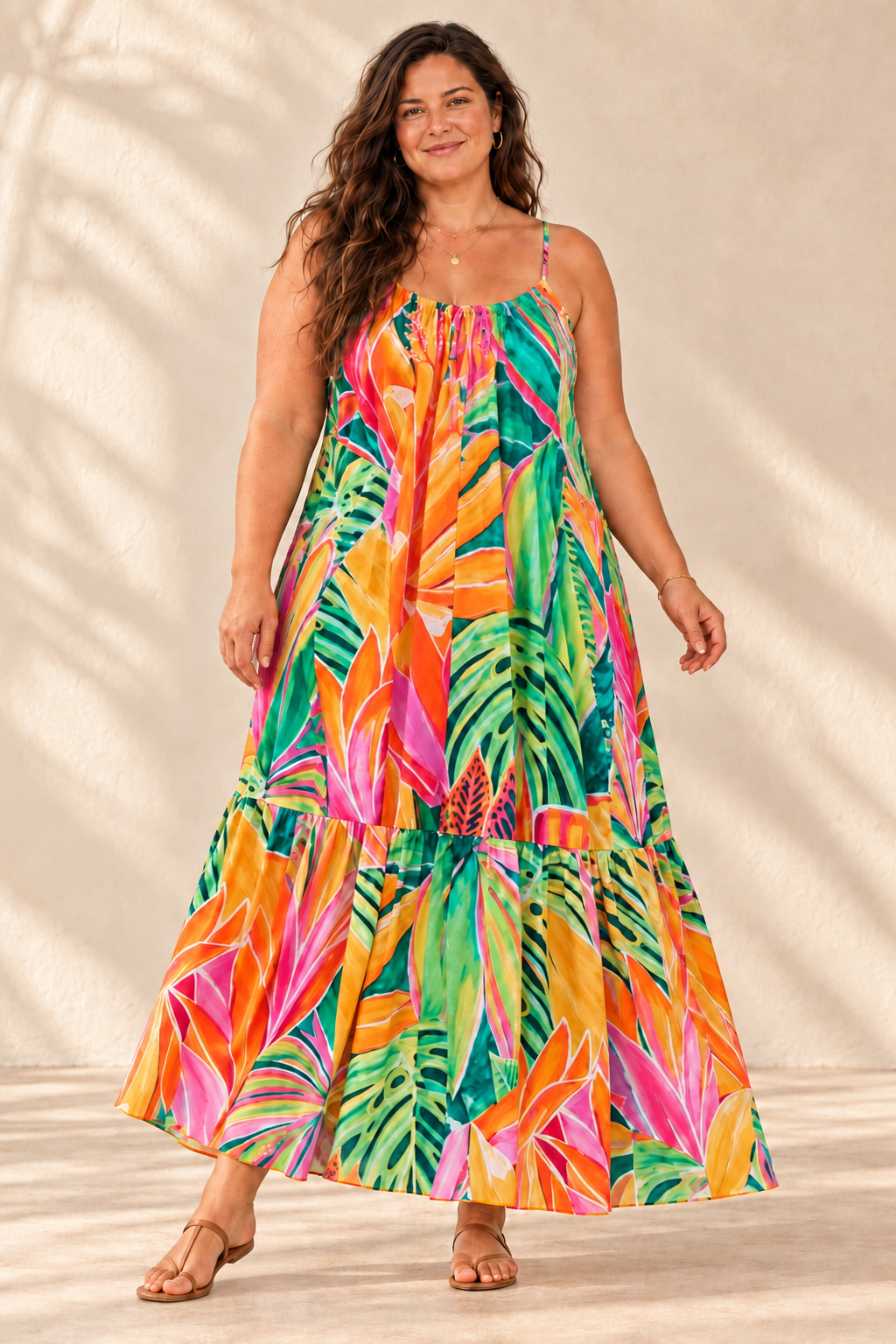 AI-generated brunette model preview wearing Aloha Boho Dress - Open Heart