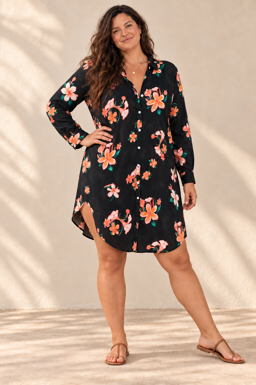 AI-generated brunette model preview wearing Aloha Shirt Dress - Plumeria Vintage Black — revised side hem