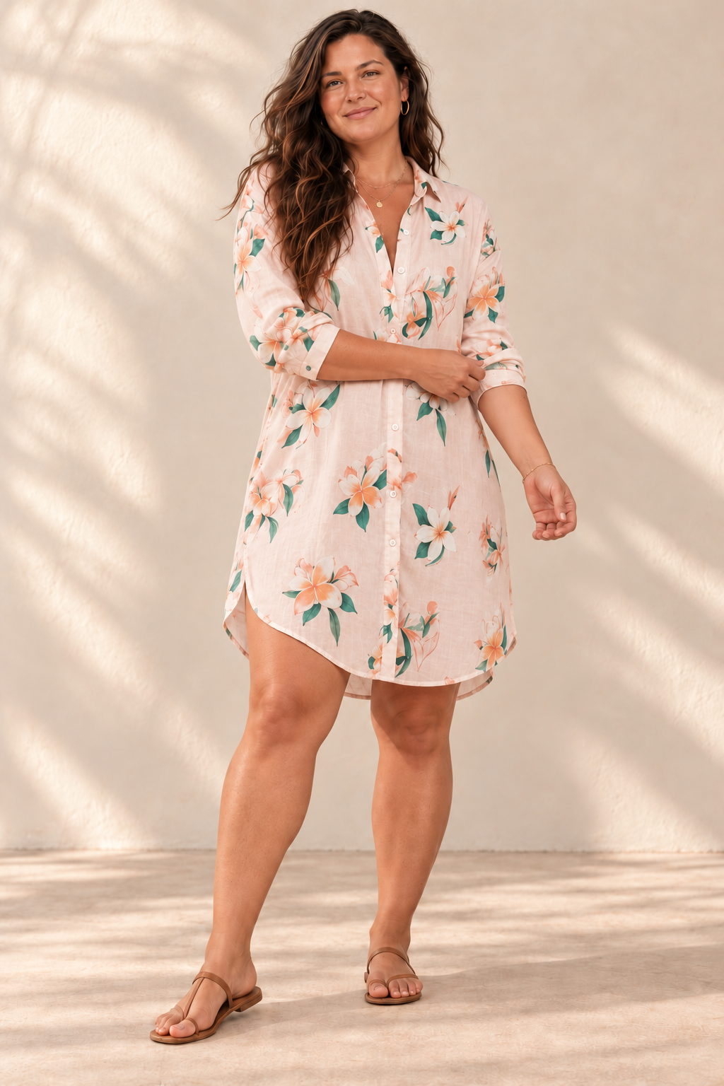AI-generated brunette model preview wearing Aloha Shirt Dress - Plumeria Golden Sand — revised side hem