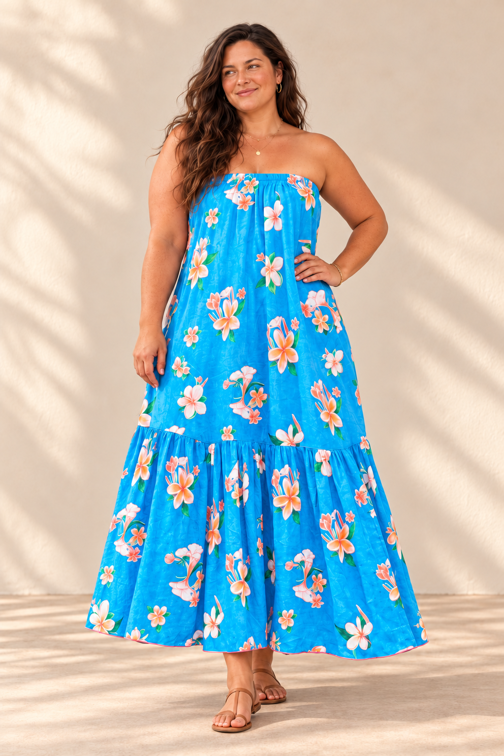 AI-generated brunette model preview wearing Strapless Sun Dress - Plumeria Blue