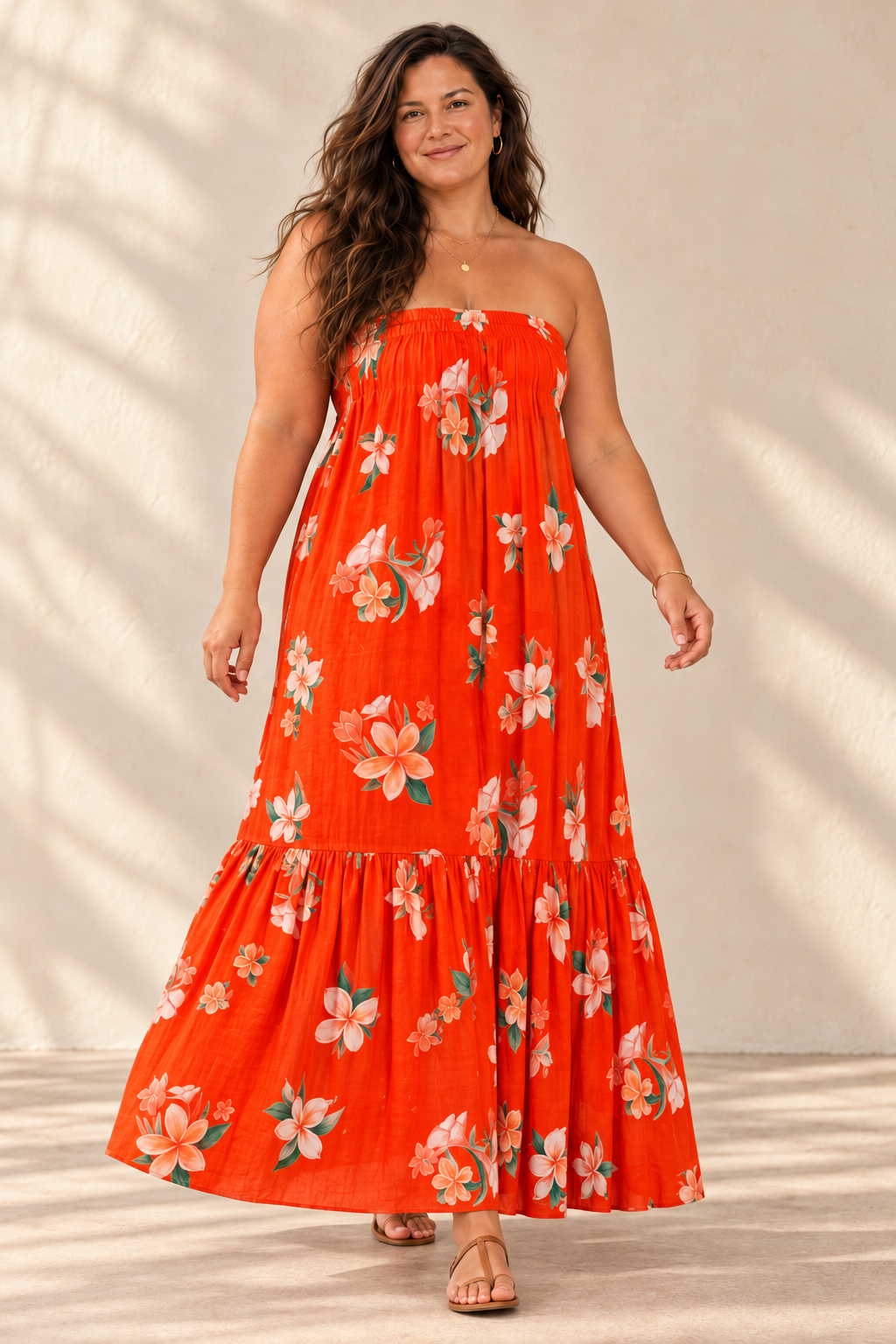 AI-generated brunette model preview wearing Strapless Sun Dress - Plumeria Tahiti Red