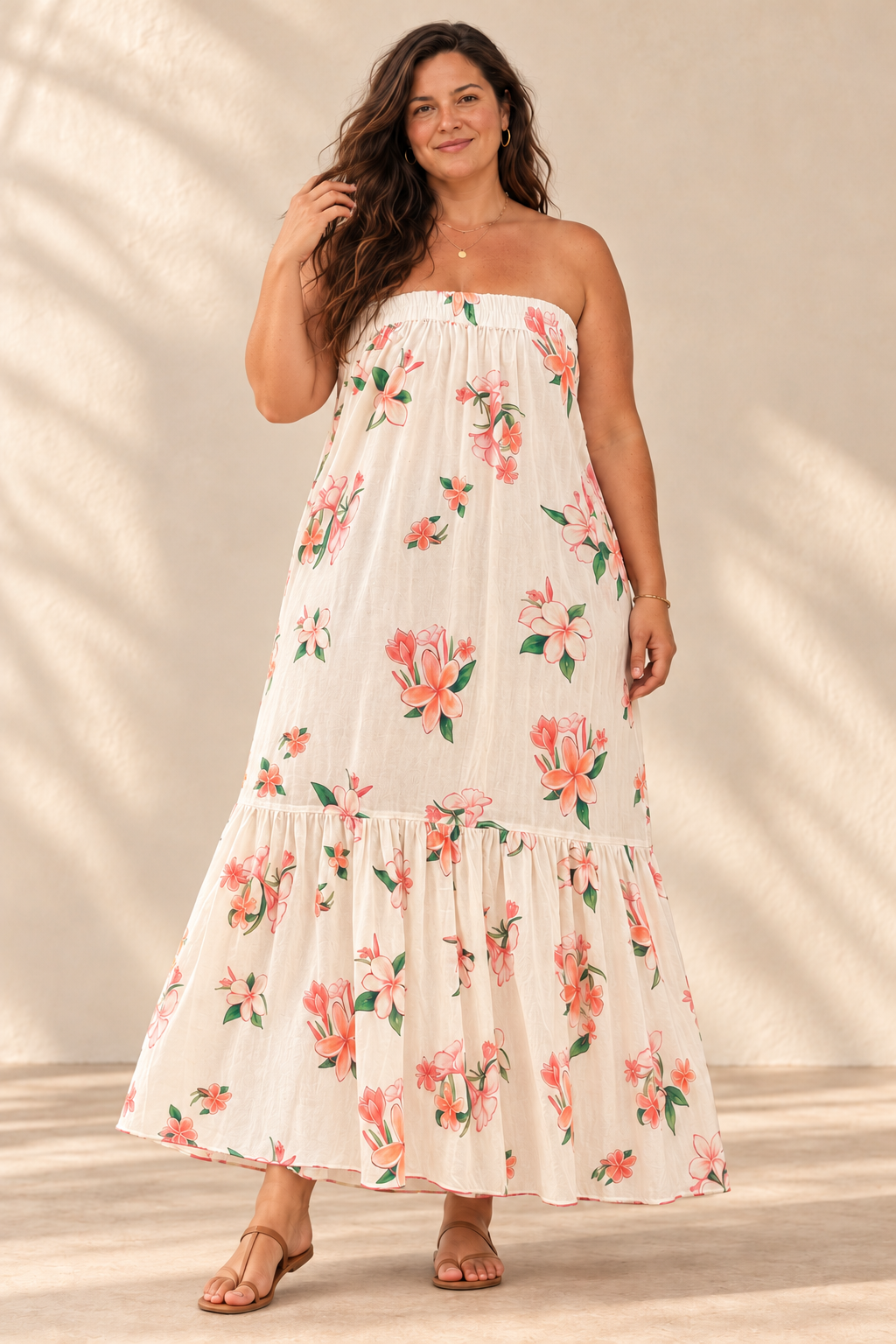 AI-generated brunette model preview wearing Strapless Sun Dress - Plumeria French Vanilla