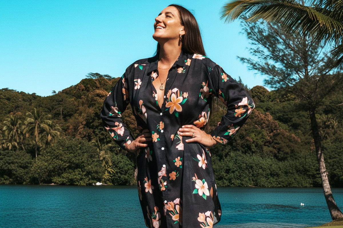 Aloha Shirt Dress - Plumeria Vintage Black