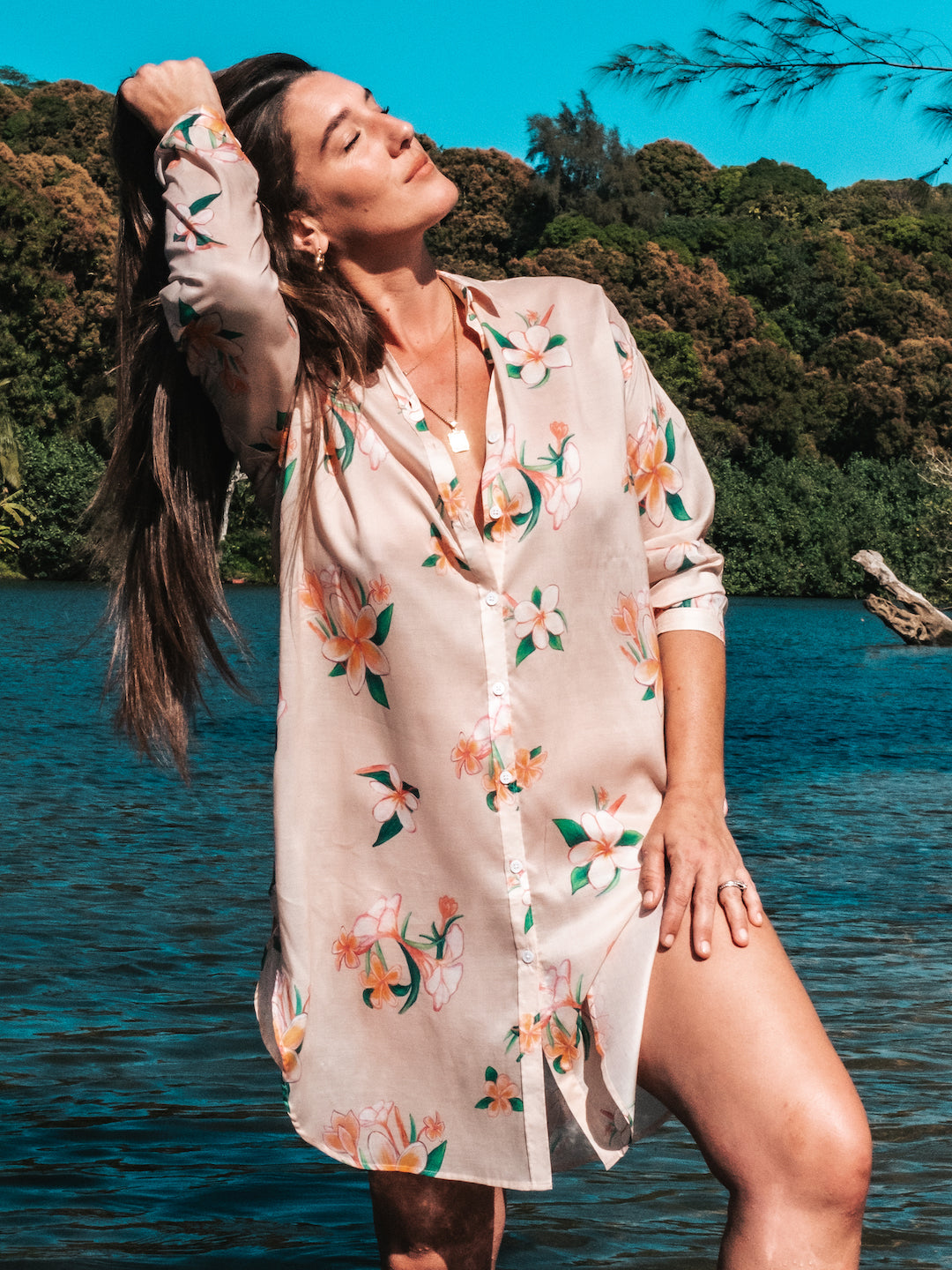 Aloha Shirt Dress - Plumeria Vintage Golden Sand