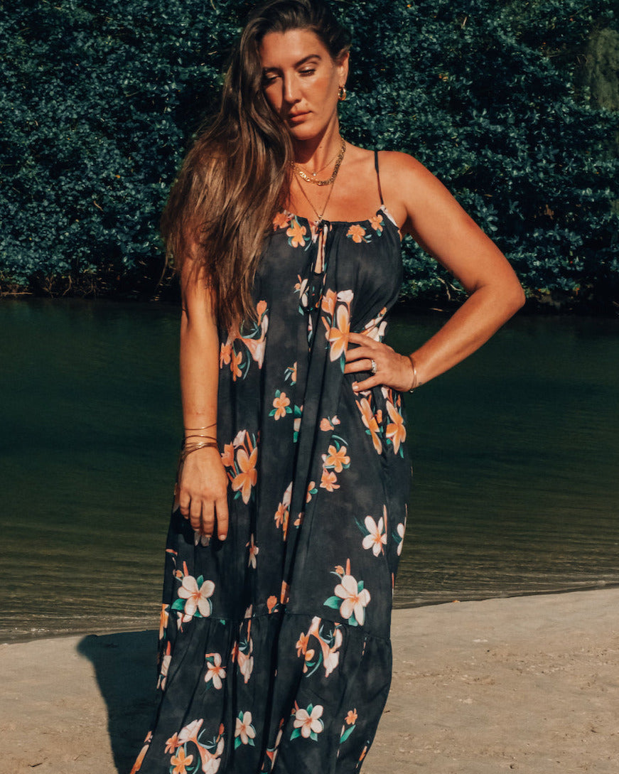 Aloha Boho Dress - Plumeria Vintage Black