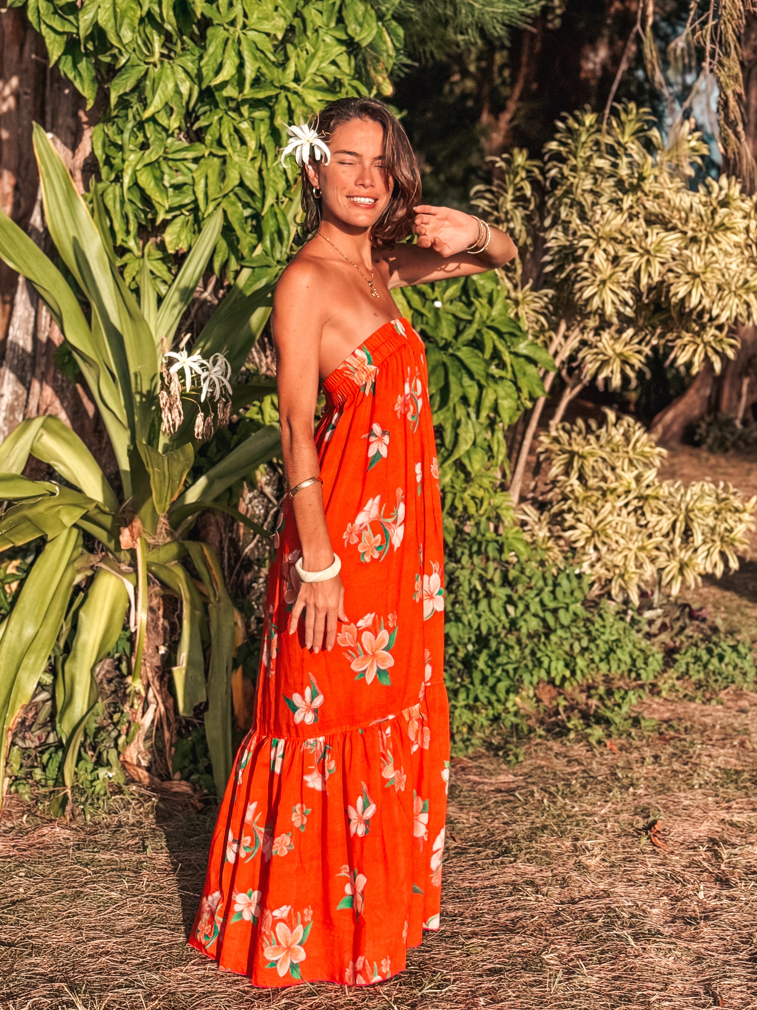 Strapless Sun Dress - Plumeria Tahiti Red