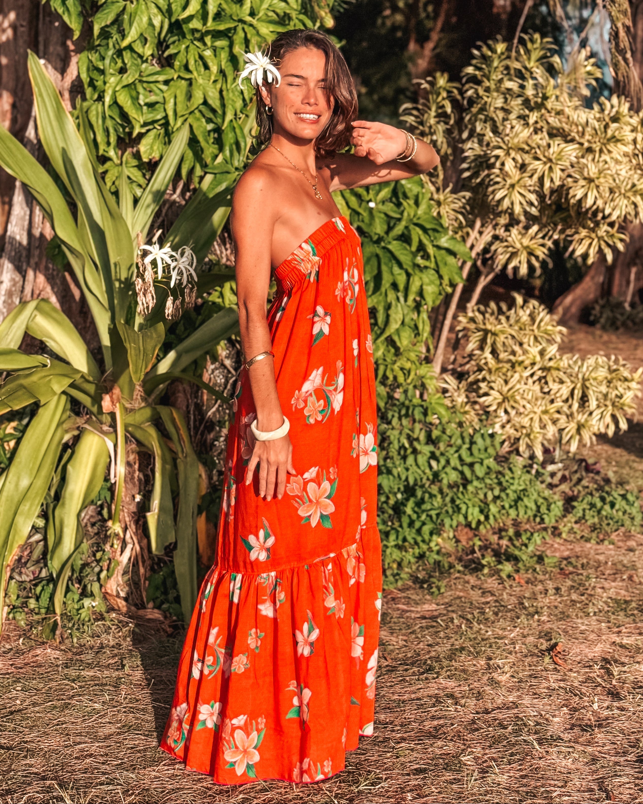 SOLD OUT - Strapless Sun Dress - Plumeria Tahiti Red