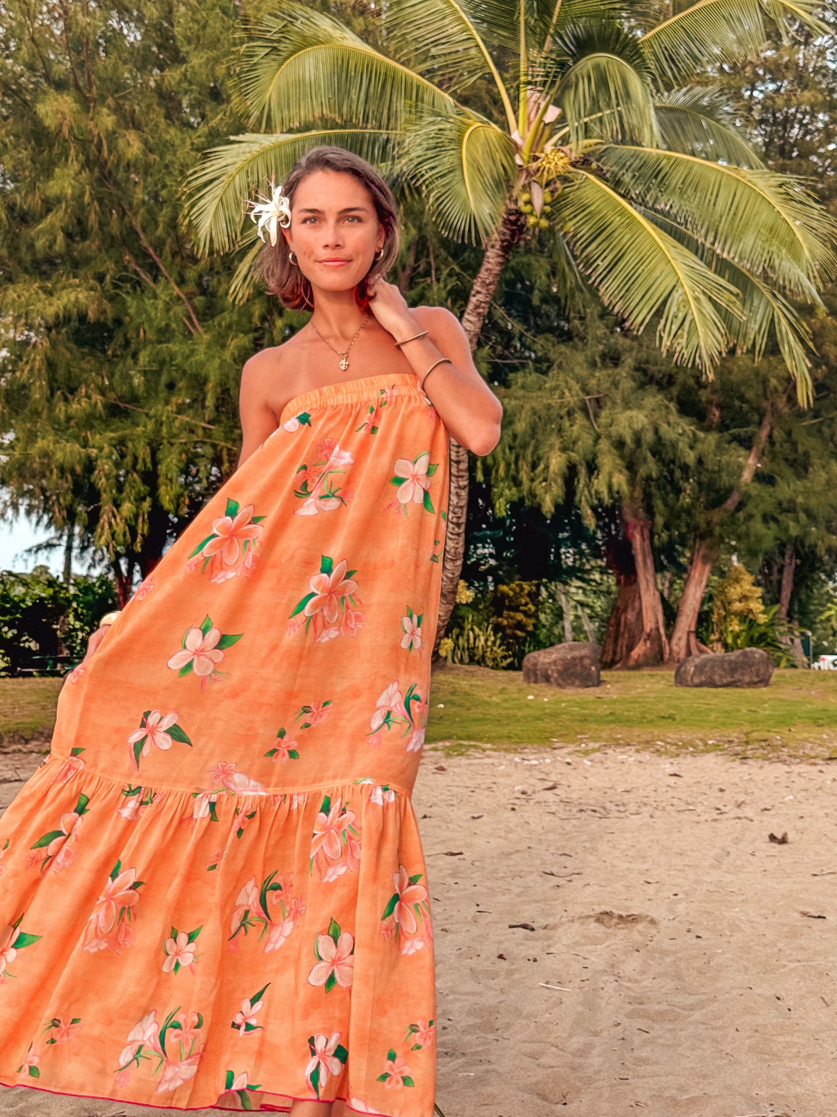 Back in stock - Strapless Sun Dress - Plumeria Golden Sunset