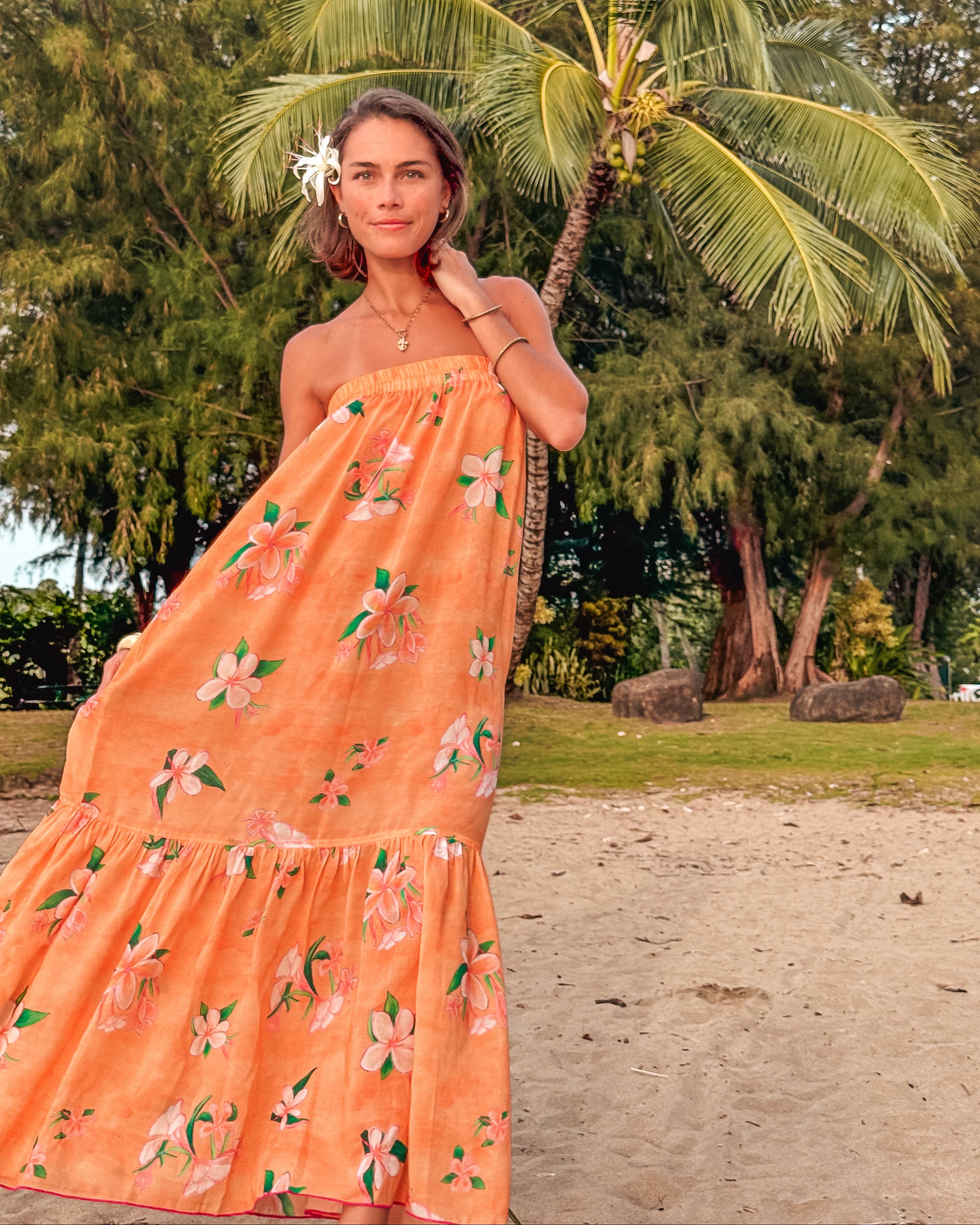 ONLY ONE LEFT - Strapless Sun Dress - Plumeria Golden Sunset