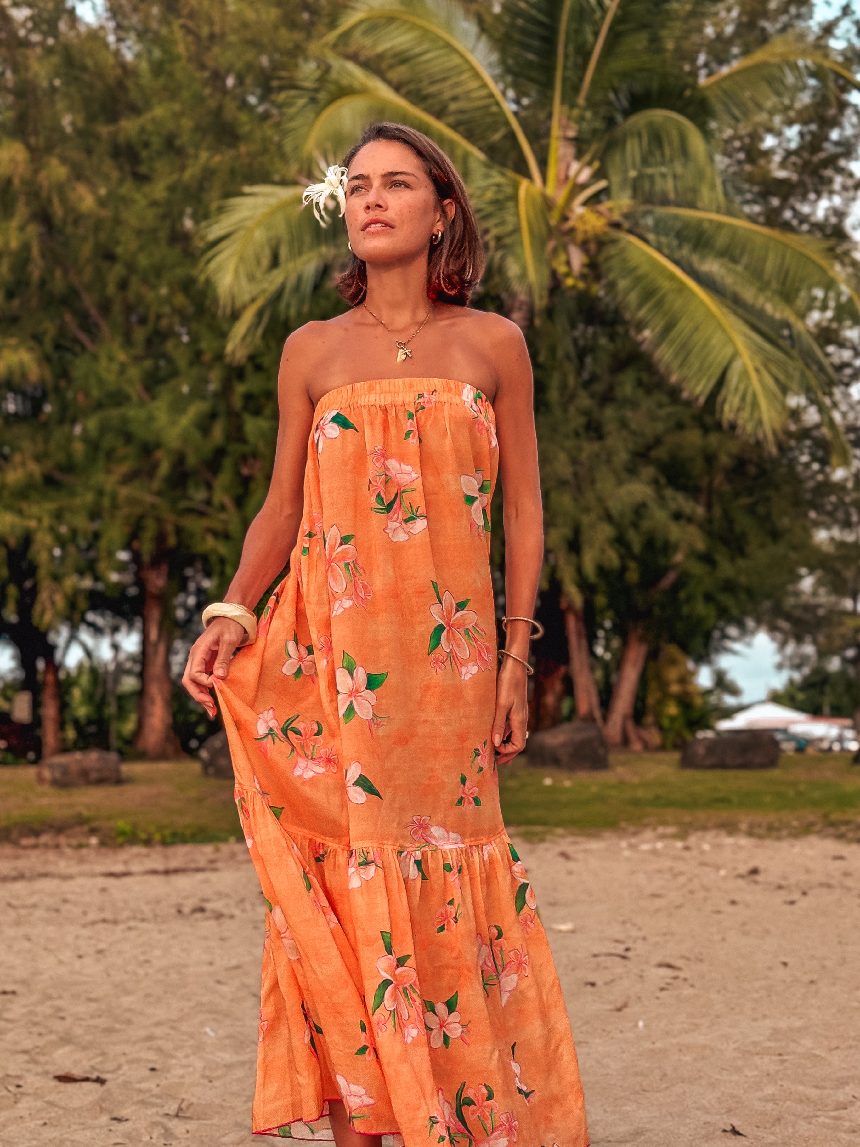 Back in stock - Strapless Sun Dress - Plumeria Golden Sunset