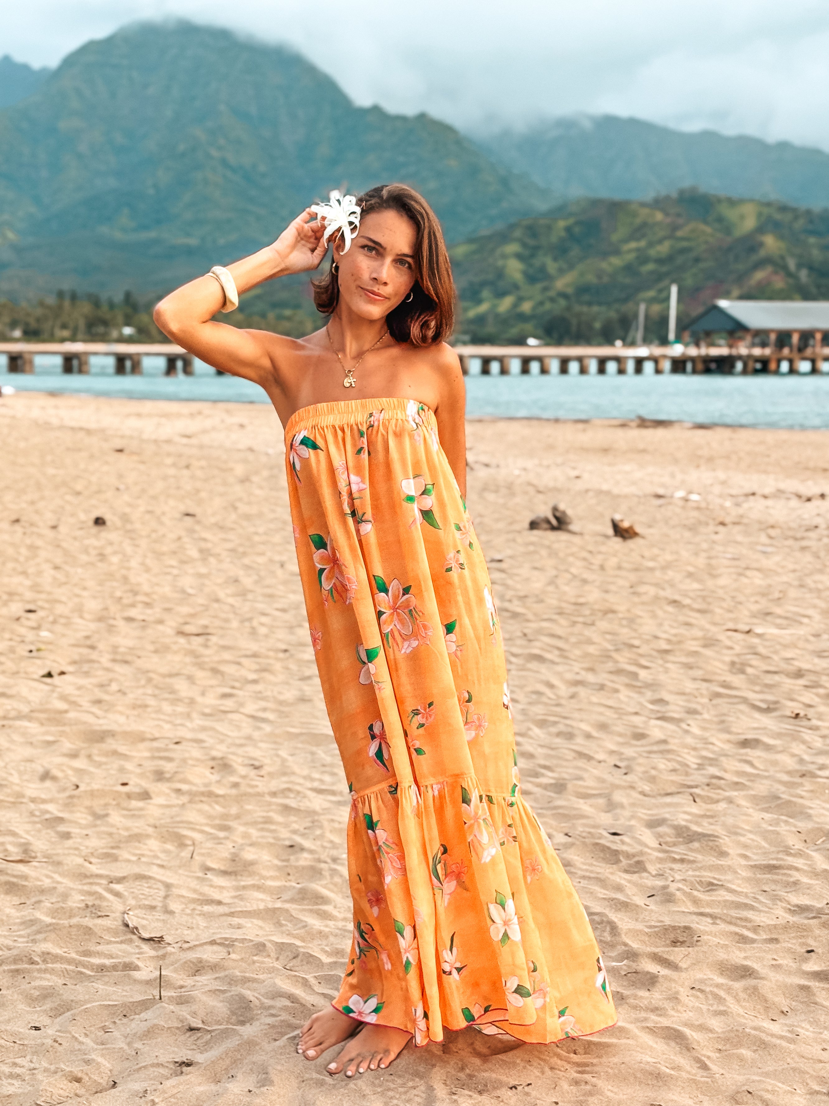 Back in stock - Strapless Sun Dress - Plumeria Golden Sunset