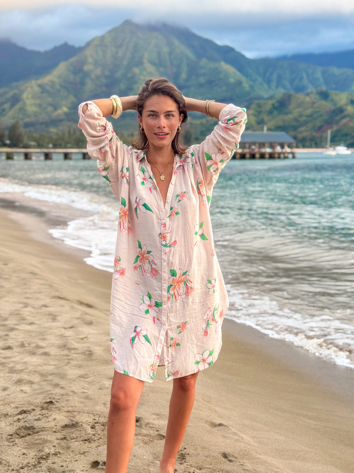 Aloha Shirt Dress - Plumeria Vintage Golden Sand