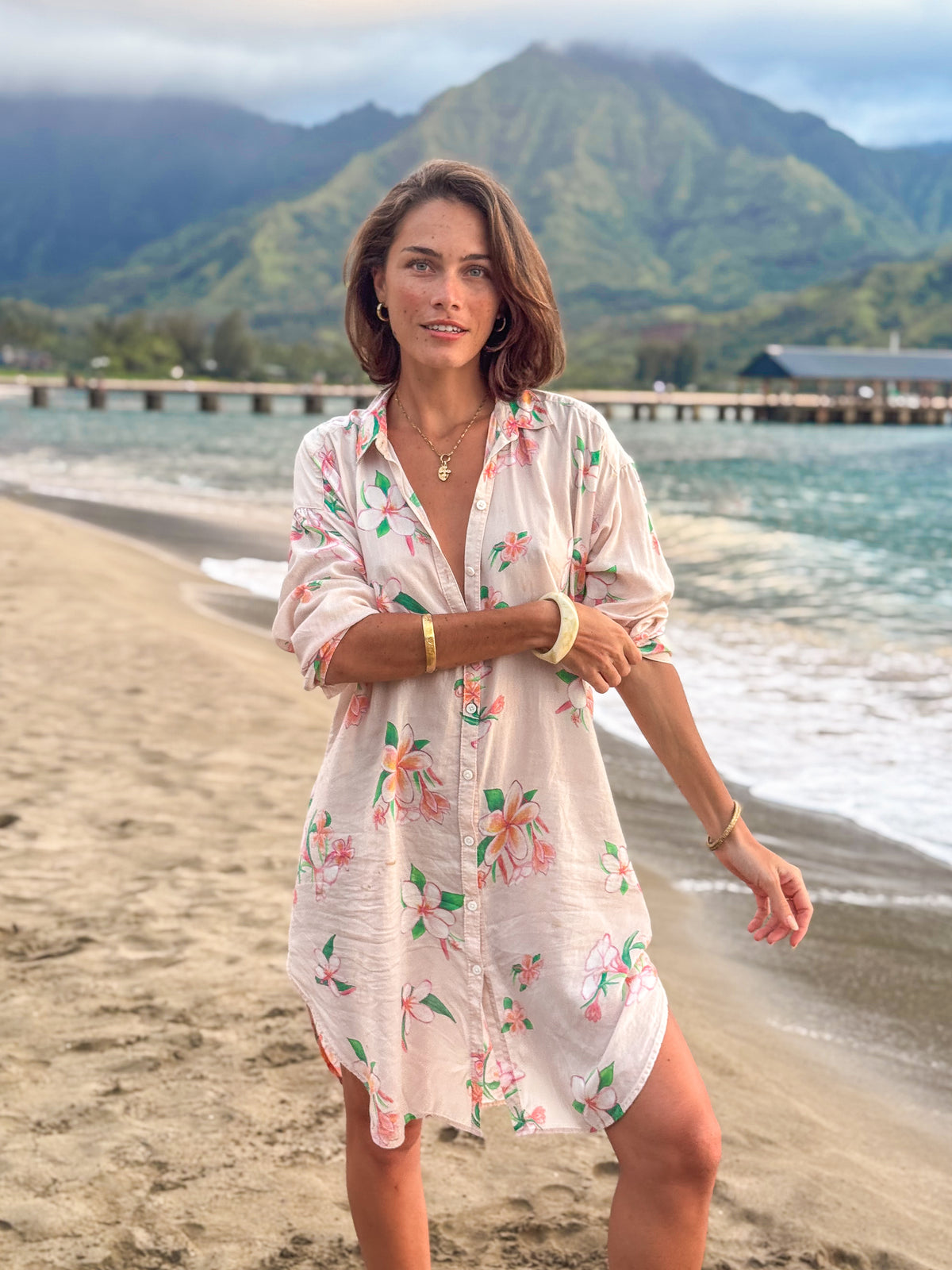 Aloha Shirt Dress - Plumeria Vintage Golden Sand