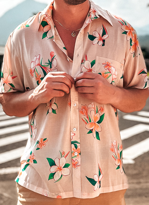 NEW - Aloha Men Shirt- Plumeria in SAND color