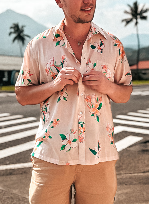 NEW - Aloha Men Shirt- Plumeria in SAND color
