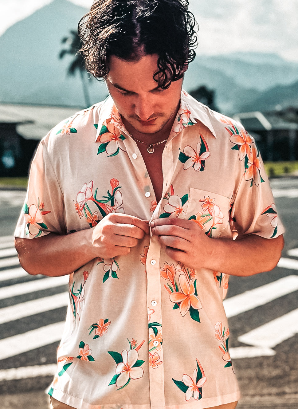 NEW - Aloha Men Shirt- Plumeria in SAND color