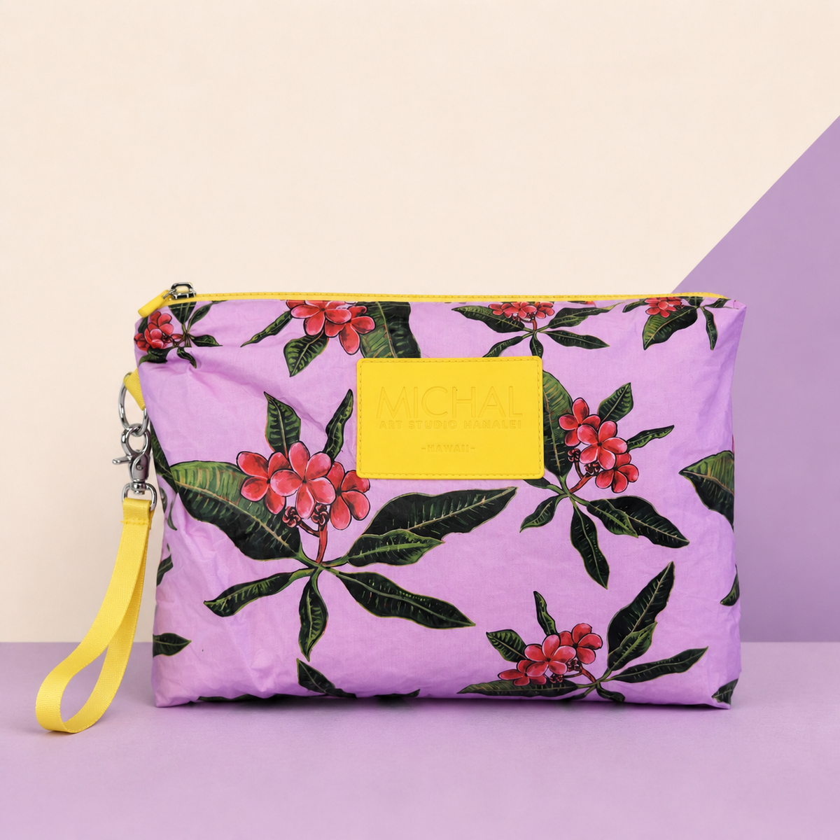 Pink Plumeria Lavender pouch front studio photograph