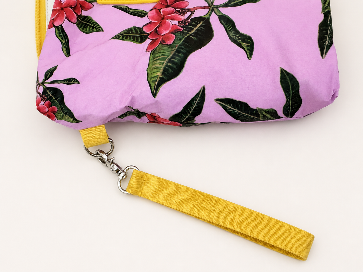 Plumeria pouch yellow hardware and wristlet detail