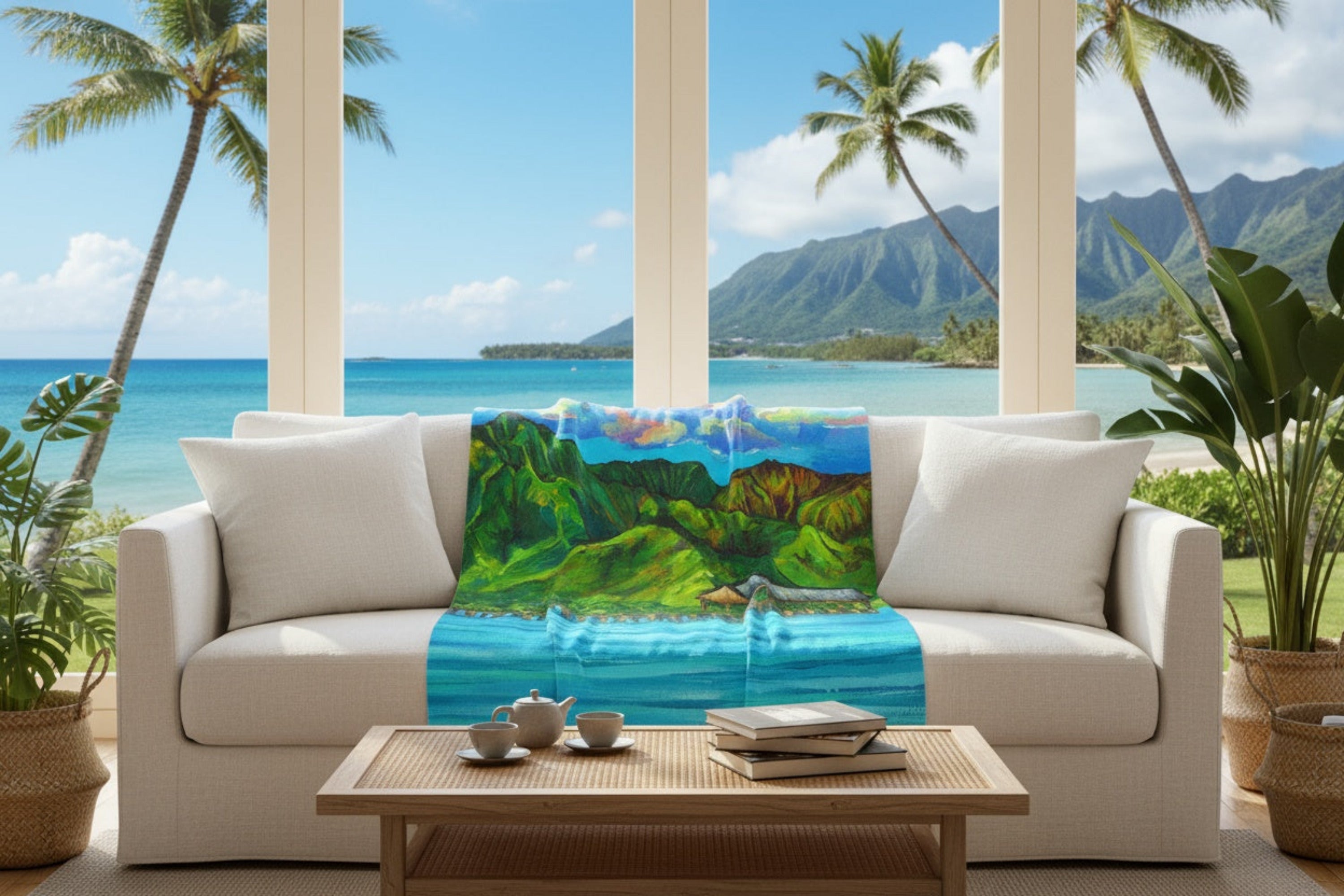 Hanalei pier kauai tropical hawaiian artist painting blanket
