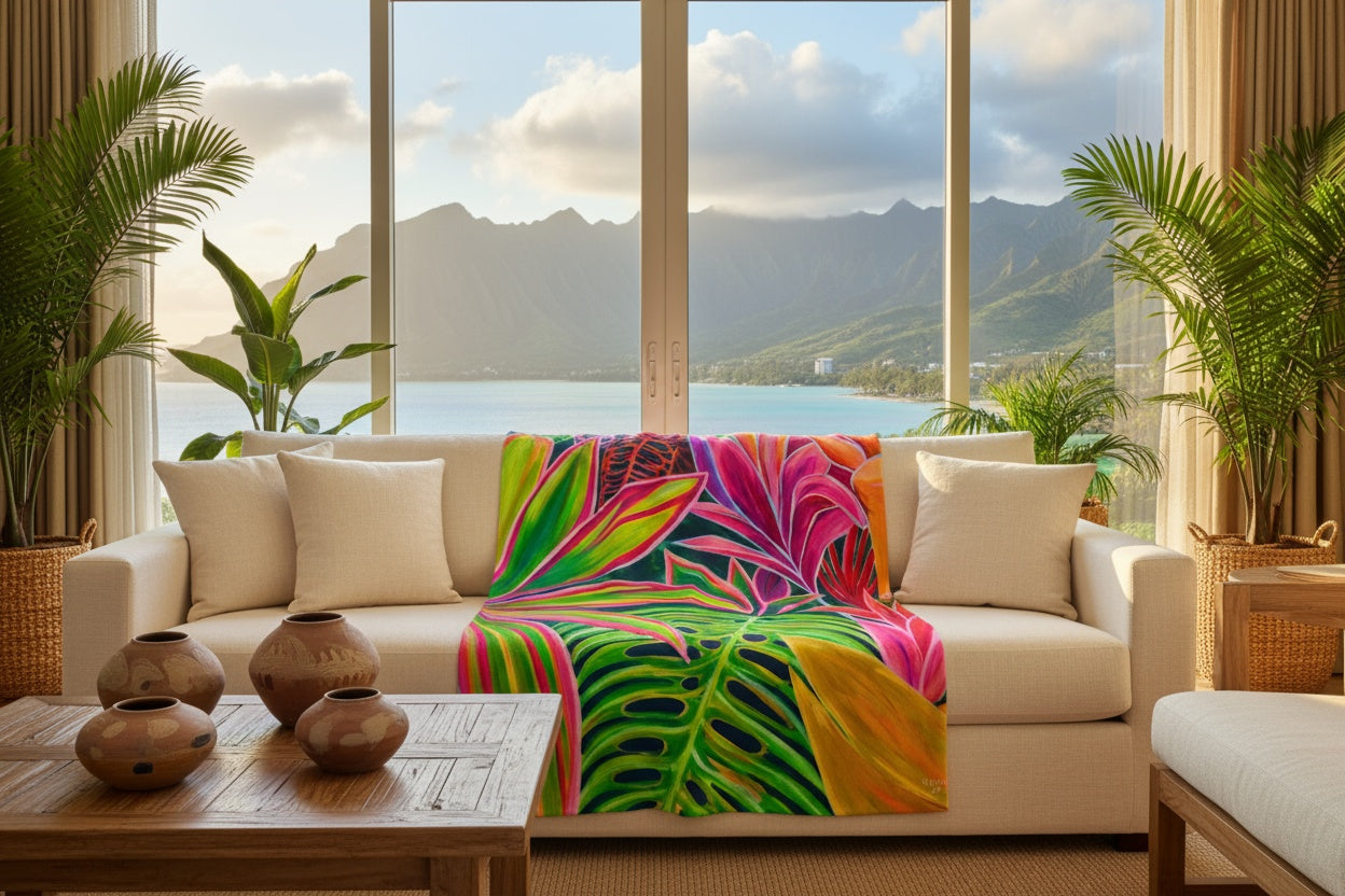 Living room with a colorful tropical blanket on a beige sofa, large windows with a scenic view of mountains and water.