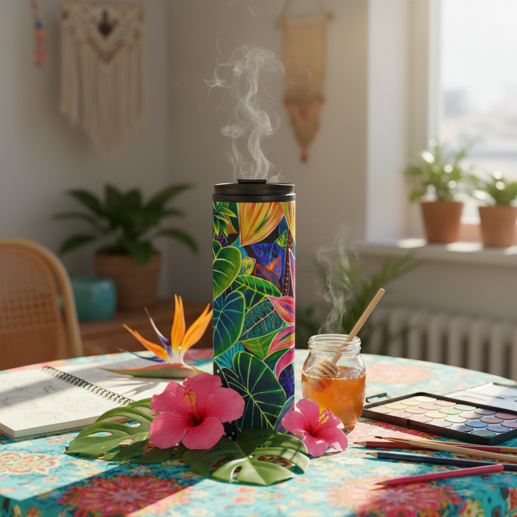 Hanalei Morning Floral Thermal Tumbler 16oz | Hawaiian Insulated Stainless Steel Travel Mug