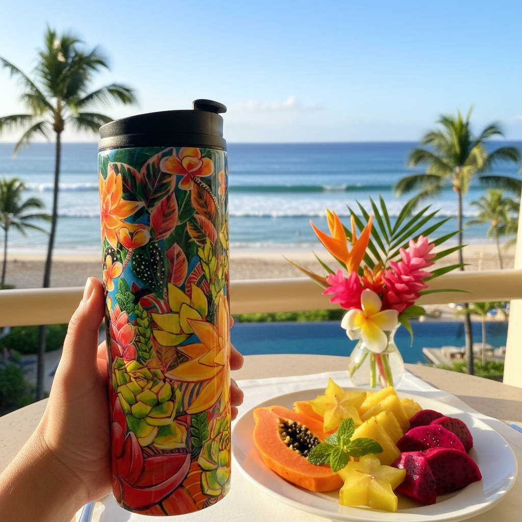 Hawaii Thermal Tumbler 16oz | Insulated Stainless Steel Travel Mug with Hawaiian Floral Print