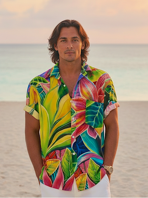 Man wearing a colorful tropical shirt on a beach with a sunset in the background