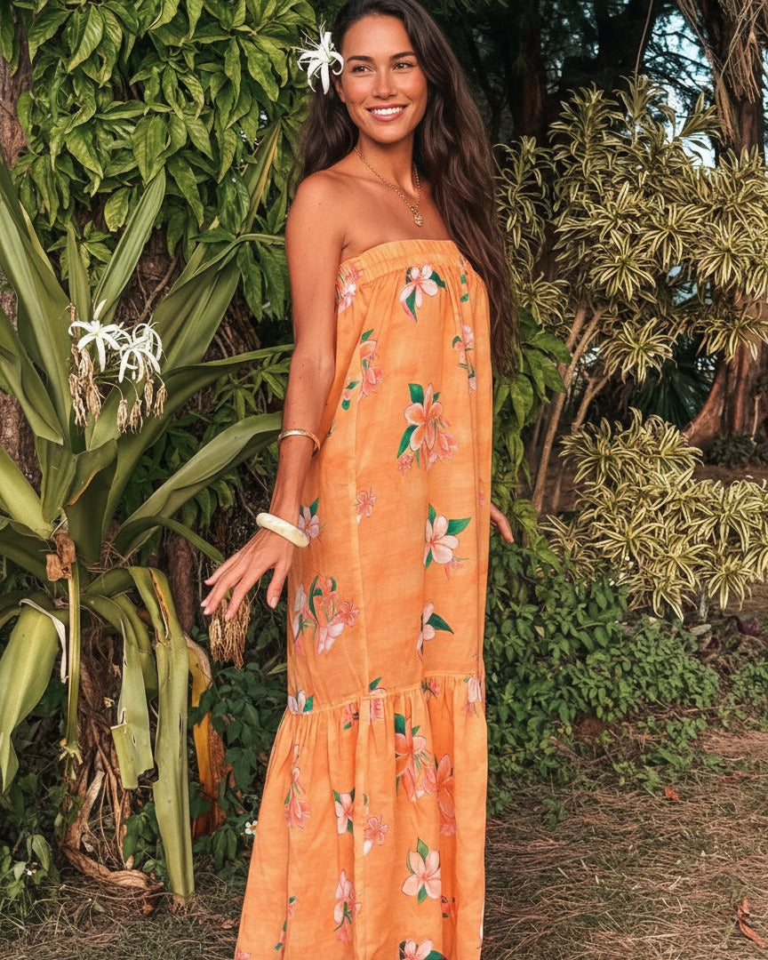 hawaiian tropical plumeria golden sunset sundress strapless mumu