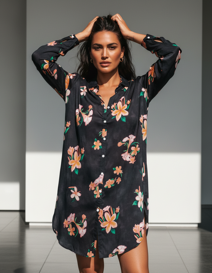 Aloha Shirt Dress - Plumeria Vintage Black