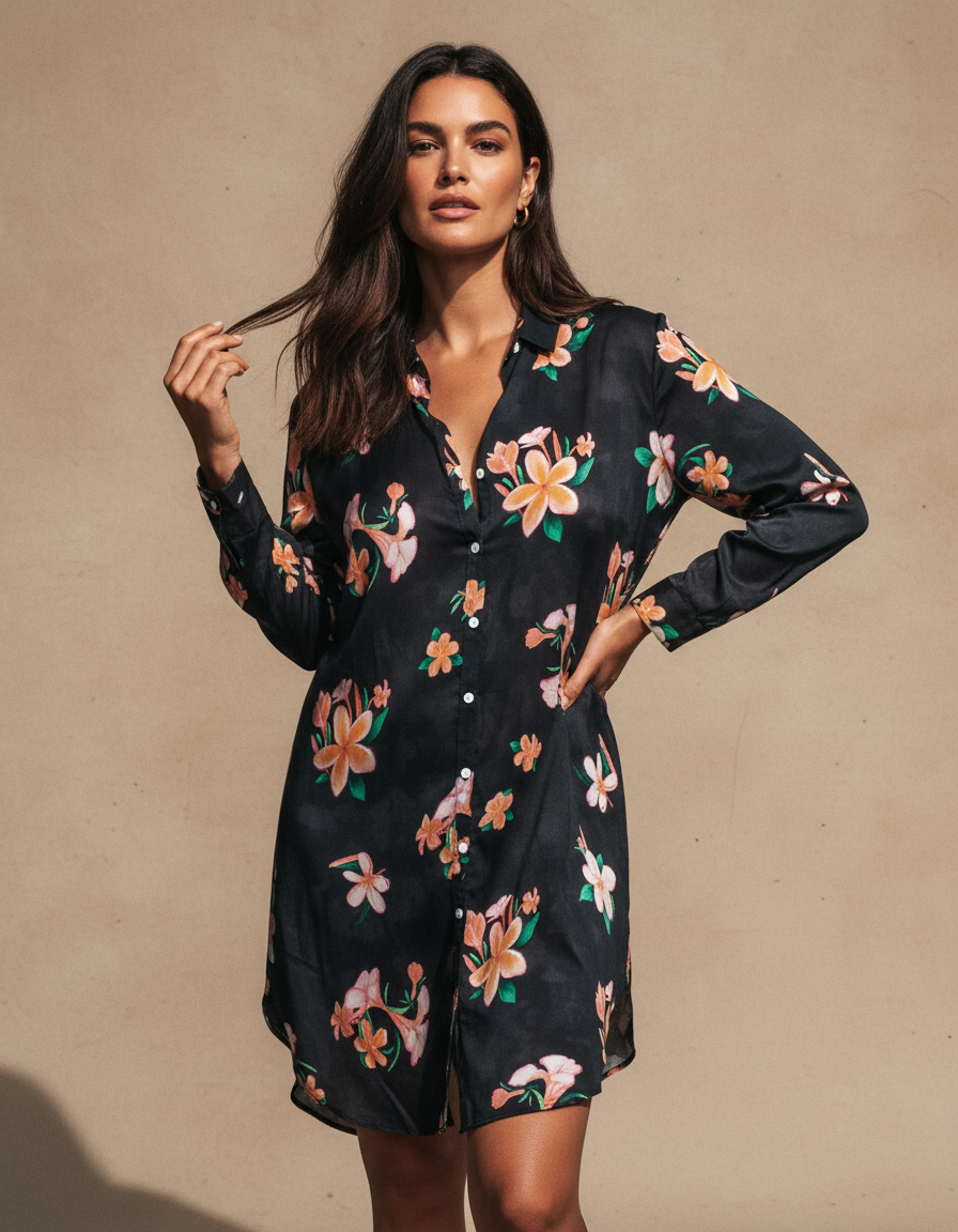 Aloha Shirt Dress - Plumeria Vintage Black