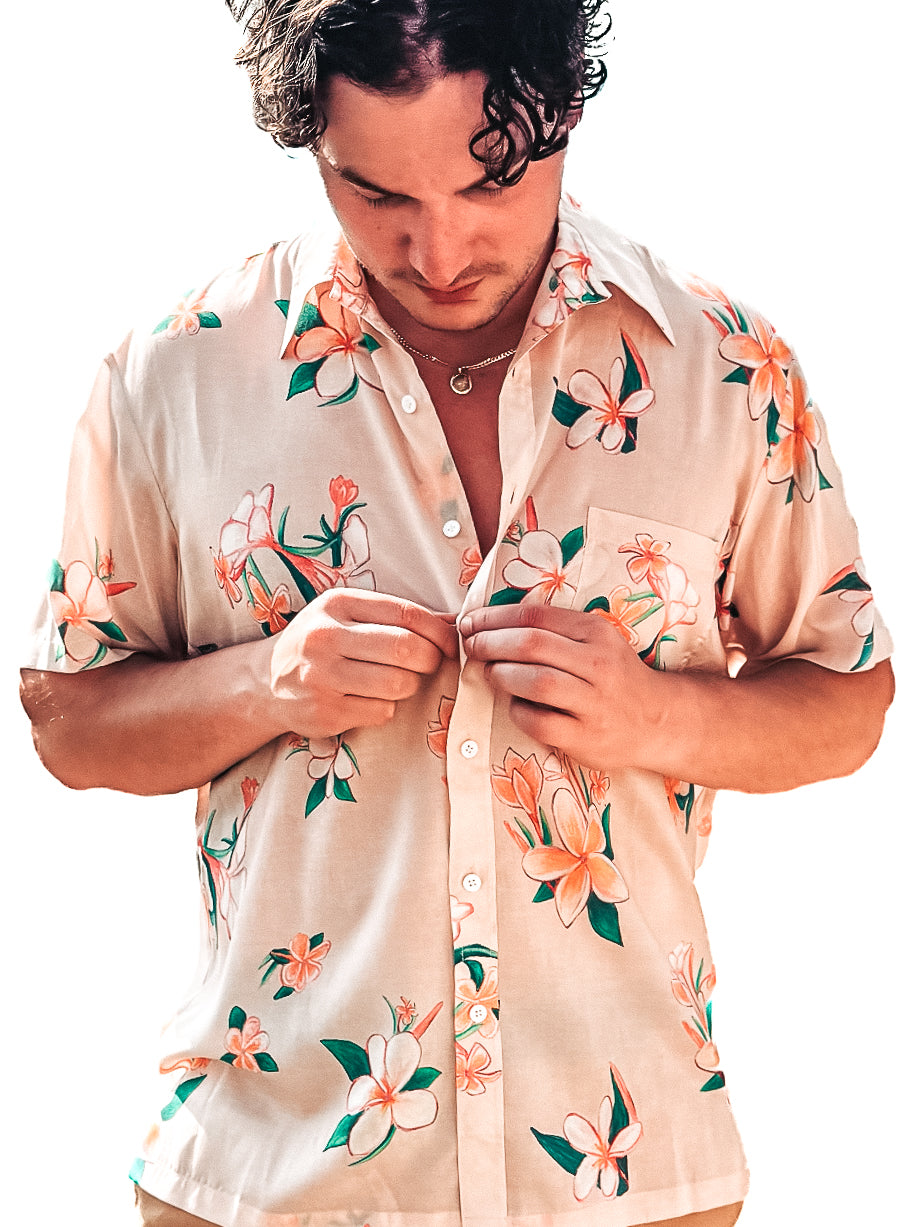 NEW - Aloha Men Shirt- Plumeria in SAND color
