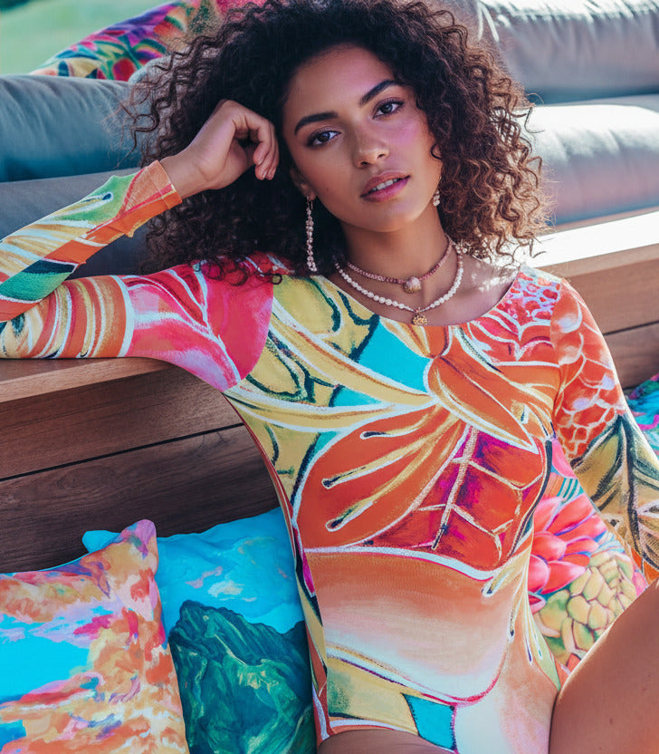 Hawaiian Love Swimwear - Long Sleeves -One Piece With Open Back - MICHAL ART STUDIO HAWAII - bikini
