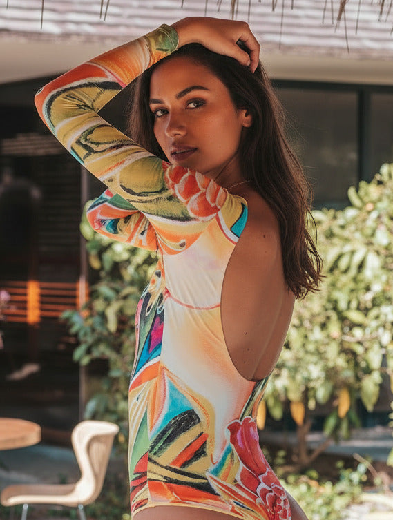 Hawaiian Love Swimwear - Long Sleeves -One Piece With Open Back - MICHAL ART STUDIO HAWAII - bikini