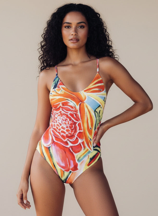 Hawaii Resort Wear - Crossed Back One Piece Swimsuit - Hawaiian Love Flowers Print - MICHAL ART STUDIO HAWAII - bikini