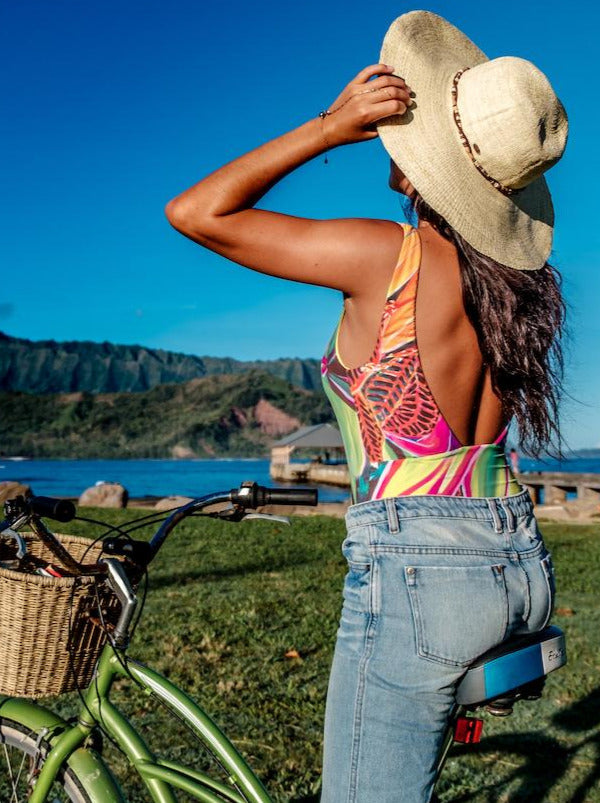 Hawaiian One Piece Swimwear - Retro - Open Heart Flowers Print - MICHAL ART STUDIO HAWAII - one piece