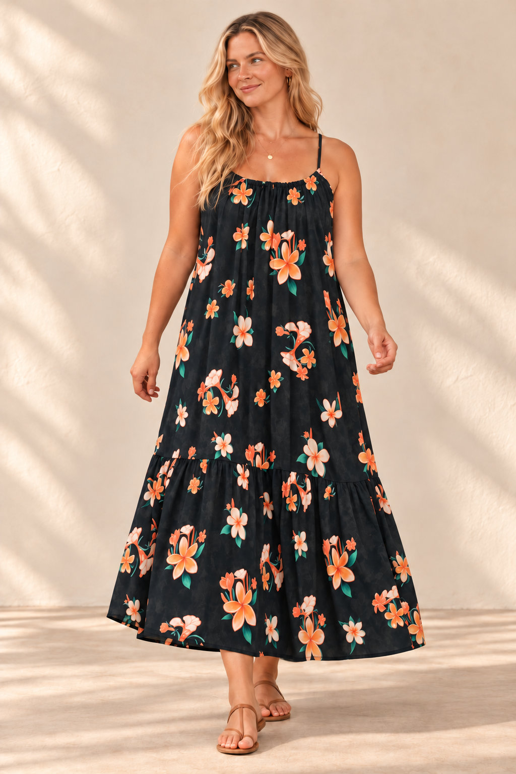AI-generated blonde model preview wearing Aloha Boho Dress - Plumeria Vintage Black