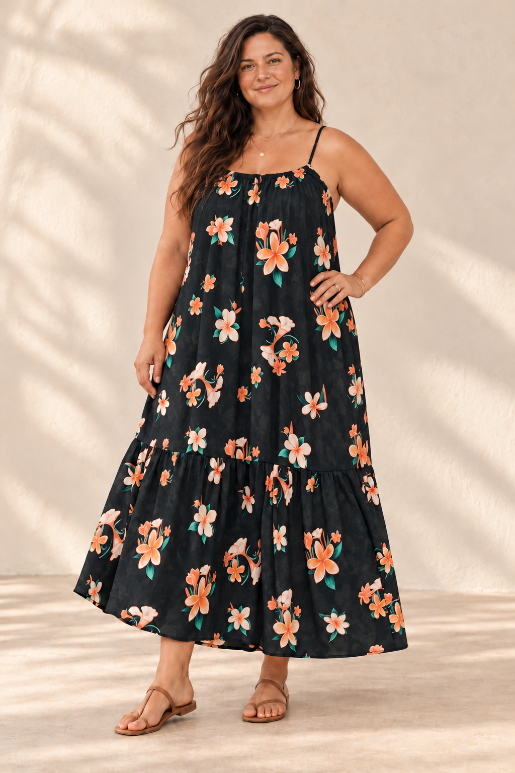 AI-generated brunette model preview wearing Aloha Boho Dress - Plumeria Vintage Black