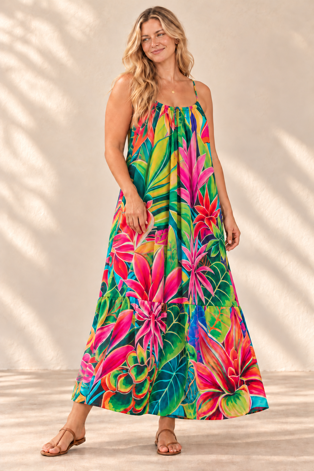 AI-generated blonde model preview wearing Aloha Boho Dress - Hanalei Morning