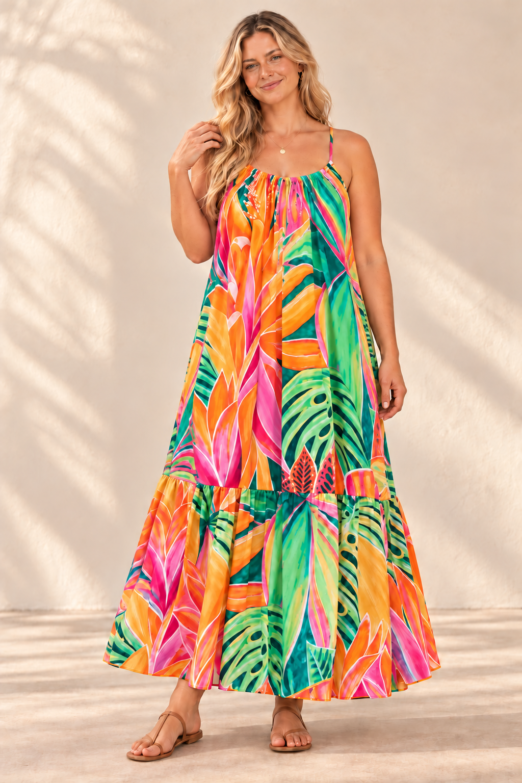 AI-generated blonde model preview wearing Aloha Boho Dress - Open Heart