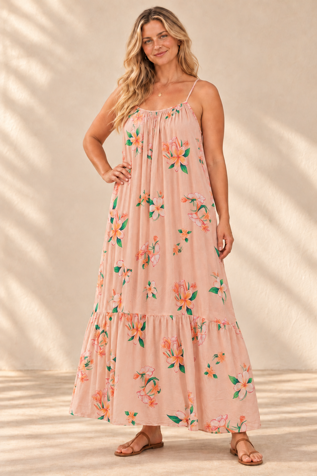 AI-generated blonde model preview wearing Aloha Boho Dress - Plumeria Tan