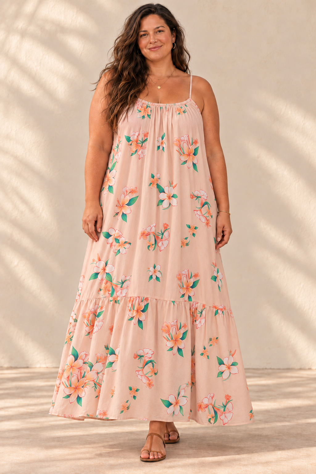 AI-generated brunette model preview wearing Aloha Boho Dress - Plumeria Tan