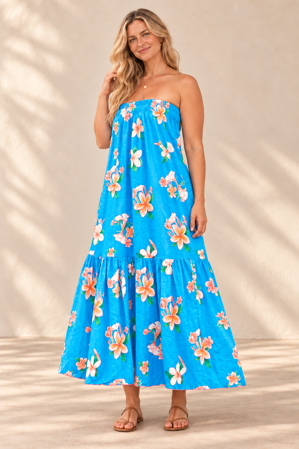 AI-generated blonde model preview wearing Strapless Sun Dress - Plumeria Blue