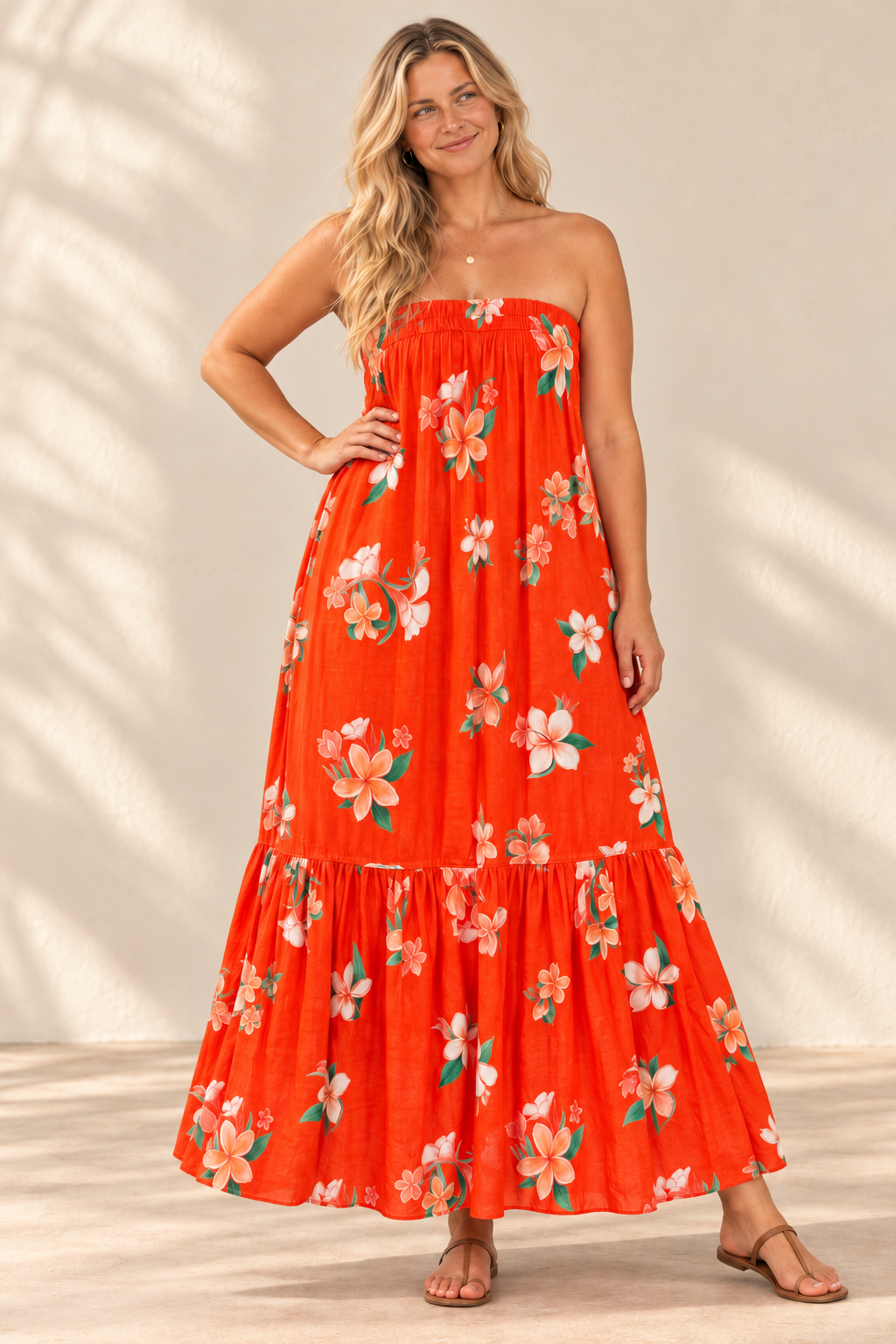 AI-generated blonde model preview wearing Strapless Sun Dress - Plumeria Tahiti Red
