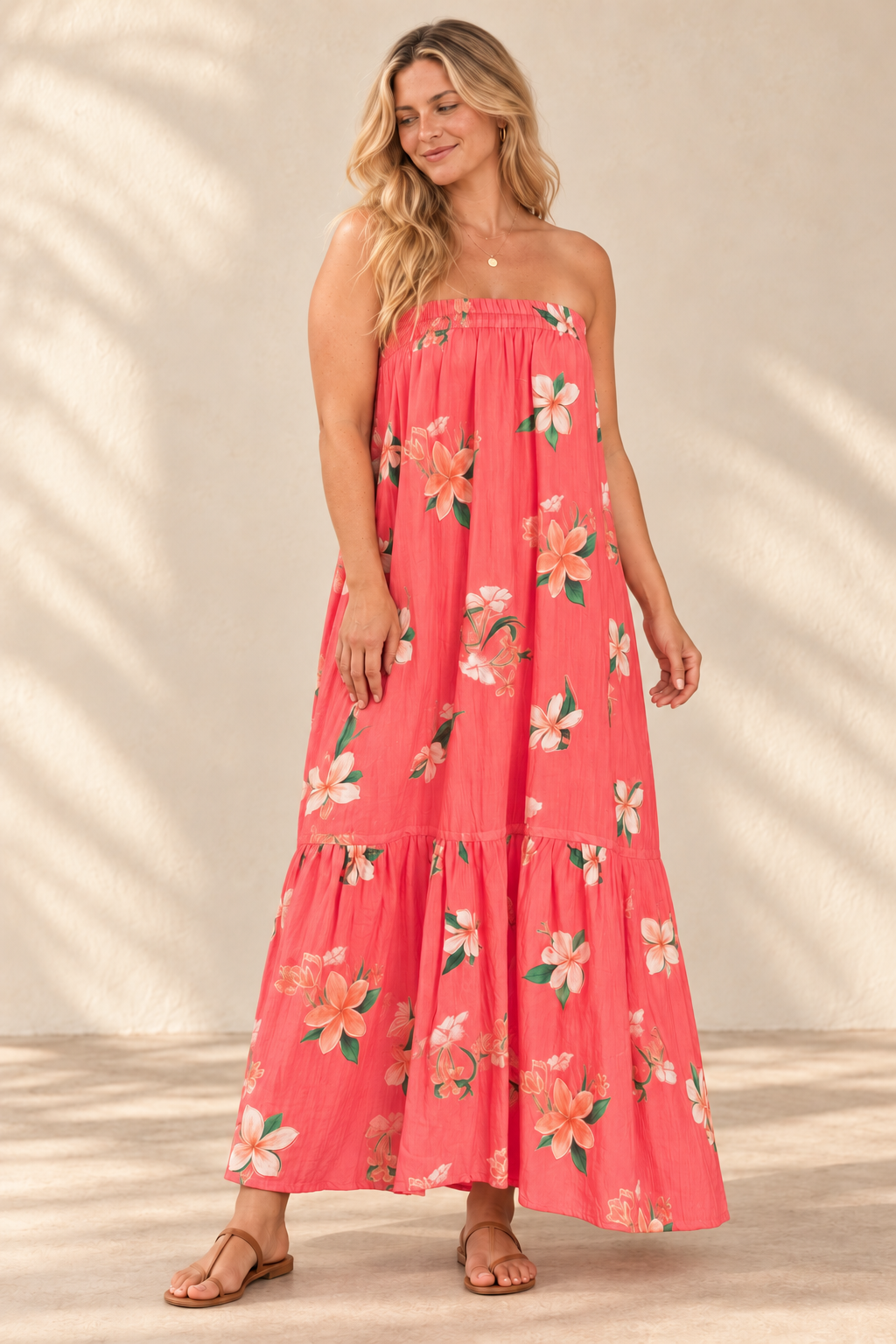 AI-generated blonde model preview wearing Strapless Sun Dress - Plumeria Hanalei Pink