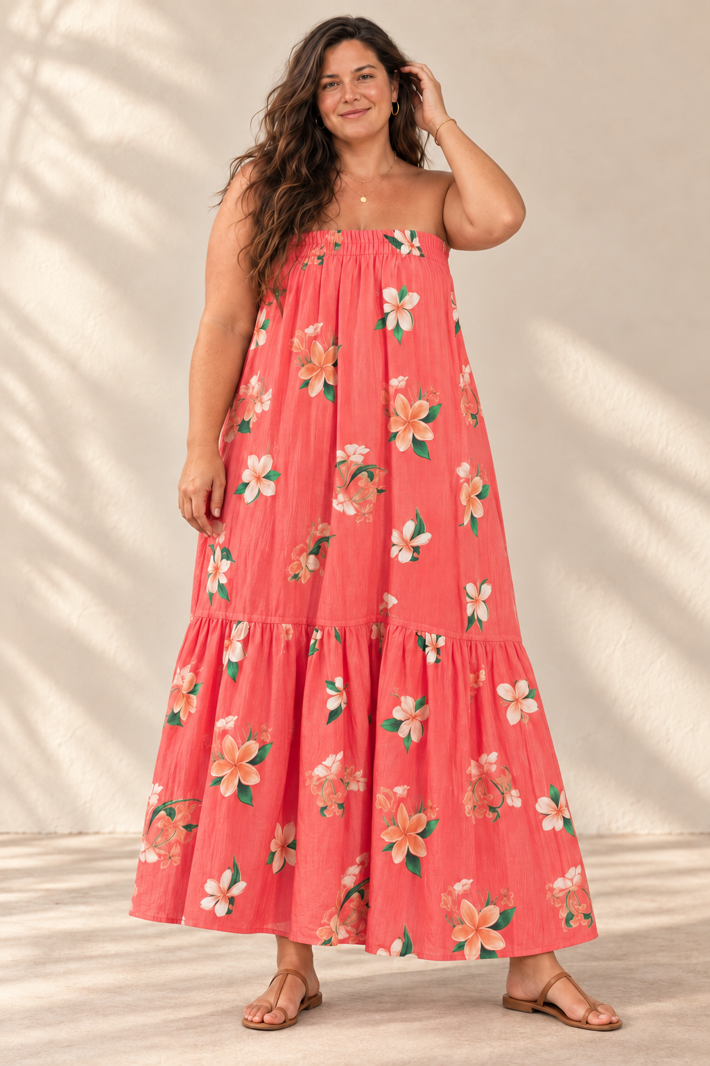 AI-generated brunette model preview wearing Strapless Sun Dress - Plumeria Hanalei Pink