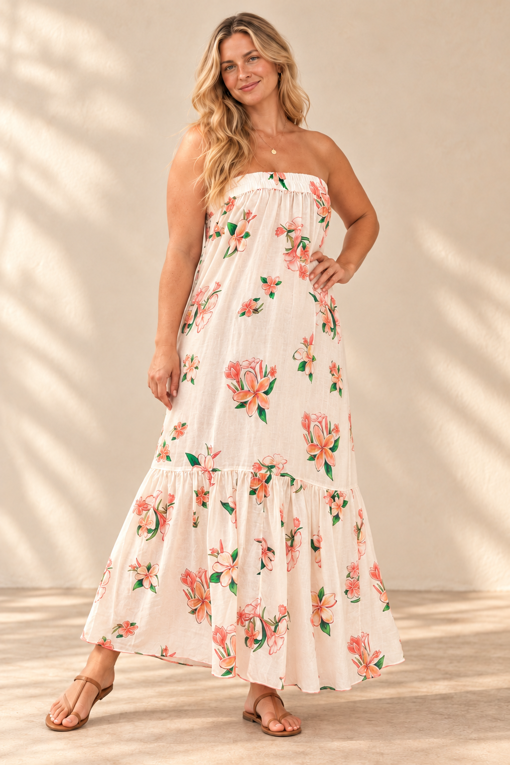 AI-generated blonde model preview wearing Strapless Sun Dress - Plumeria French Vanilla