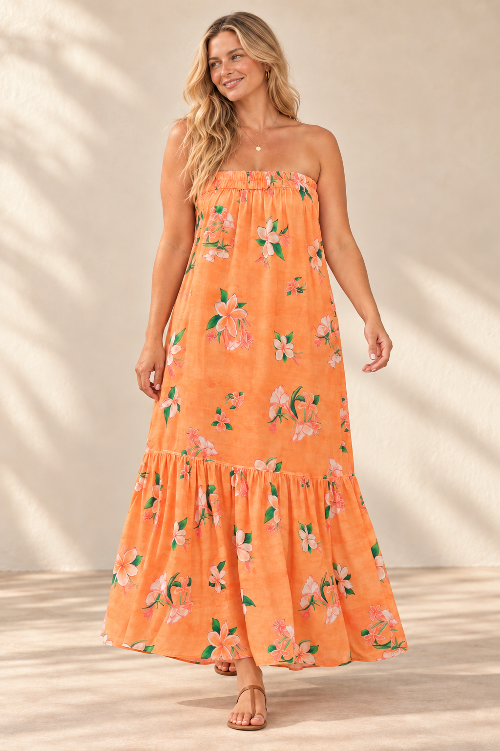 AI-generated blonde model preview wearing Strapless Sun Dress - Plumeria Golden Sunset