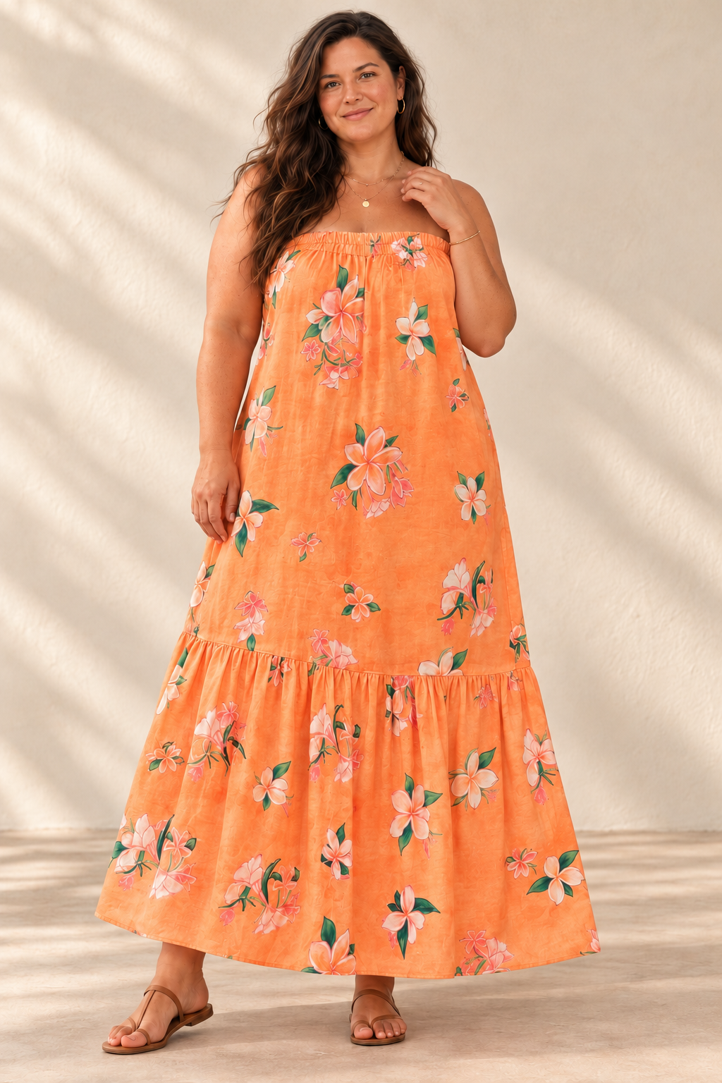AI-generated brunette model preview wearing Strapless Sun Dress - Plumeria Golden Sunset